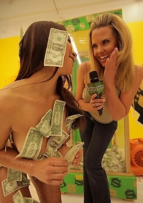 Curious women Aurora Monroe and her girlfriend in sexy jeans caressing each other 